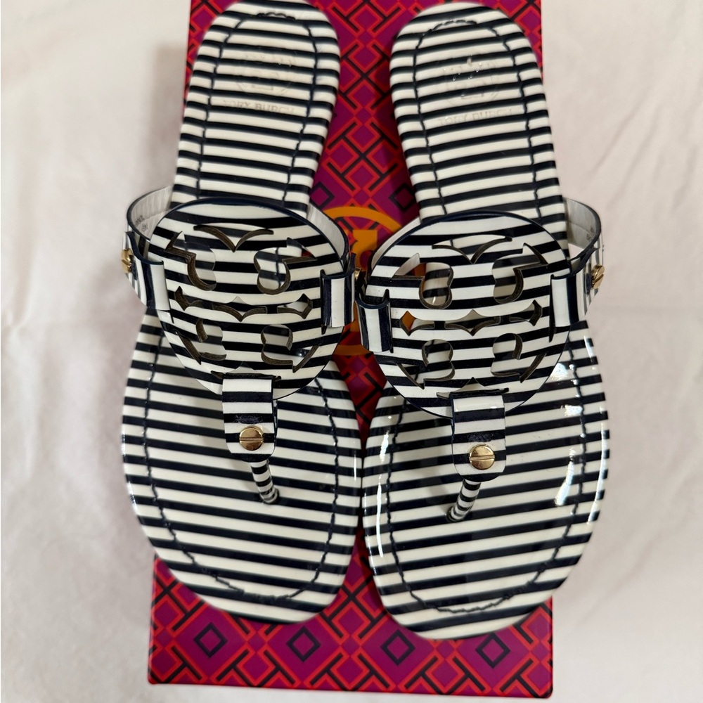 Tory Burch Black and White Striped Logo Jelly Thong Sandals